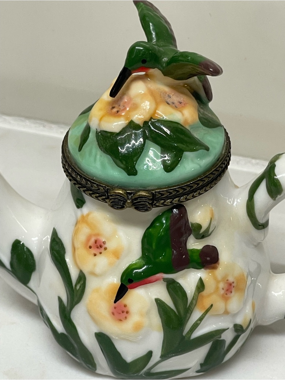 Mini Teapot Hinged Trinket Box with Flowers and Hummingbirds MCM VTG 1997-2000